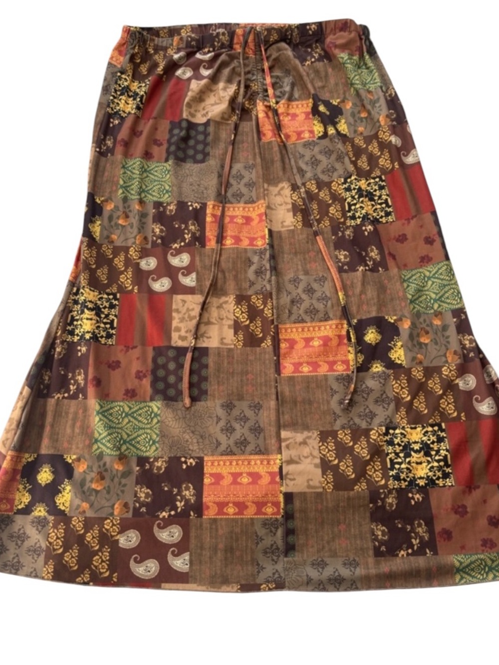 Patchwork Print Brown Midi Skirt with Drawstring